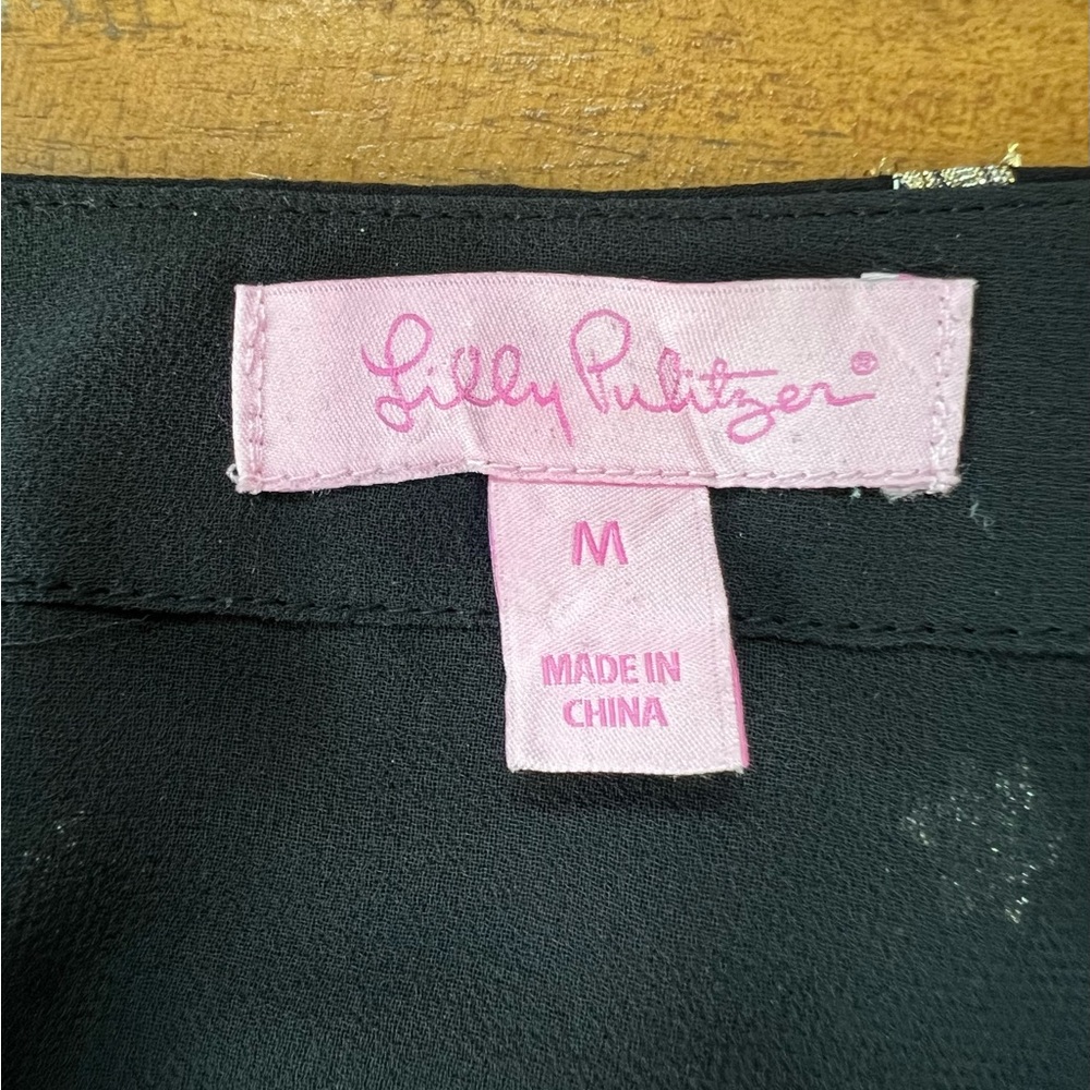 Lilly Pulitzer Amory Starry Silk Chiffon Blouse Black Gold Metallic Bell Sleeve - Picture 14 of 17